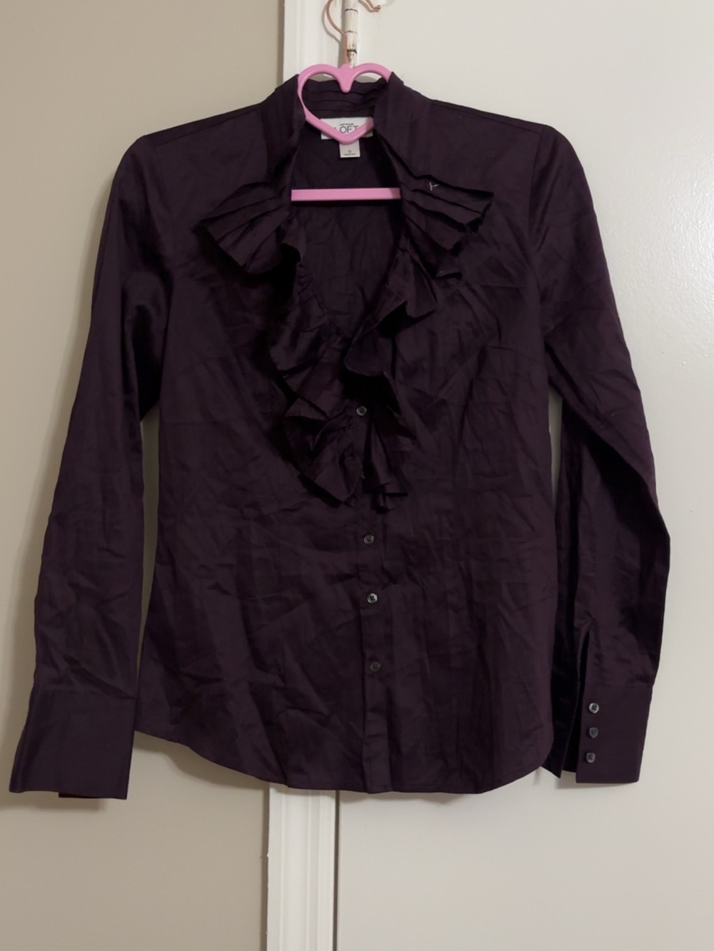 LOFT Deep Plum Ruffle Front Button-Down Shirt